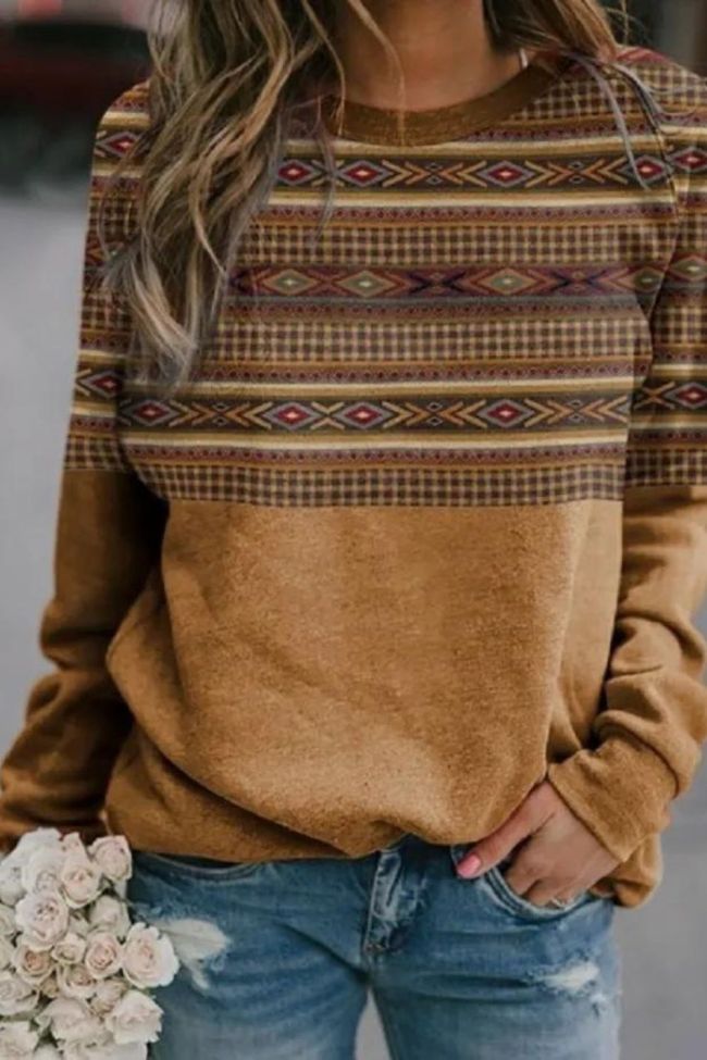 Women's Aztec Pattern Western Wear Style Round Neck Long Sleeve Sweatshirt