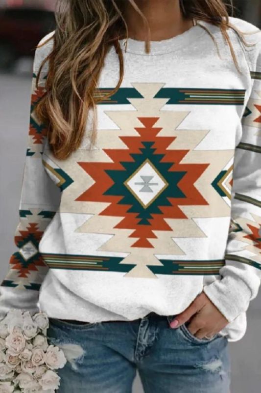 Aztec Geometric Pattern Western Wear Long Sleeve Sweatshirt For Women