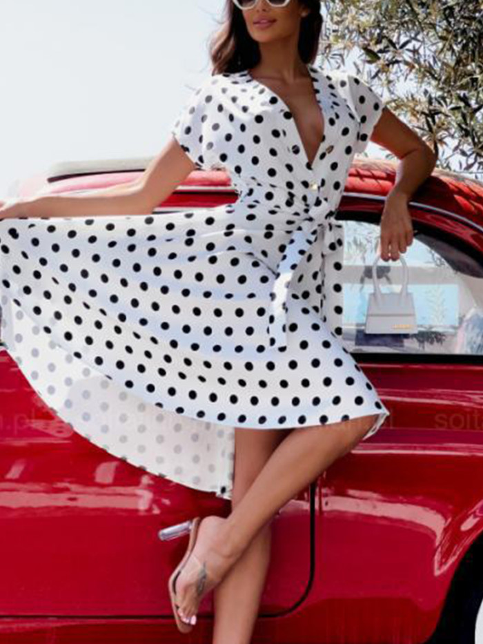 Vintage Polka Dot Print  Sexy V-Neck Elegant Midi Dress