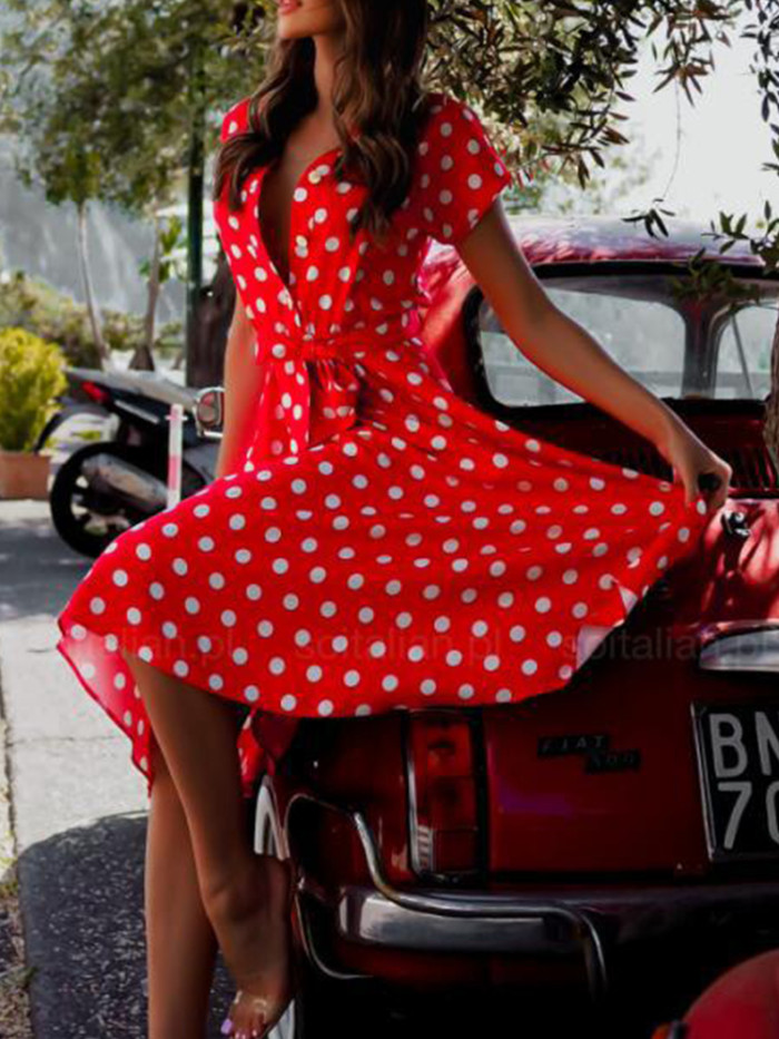 Vintage Polka Dot Print  Sexy V-Neck Elegant Midi Dress