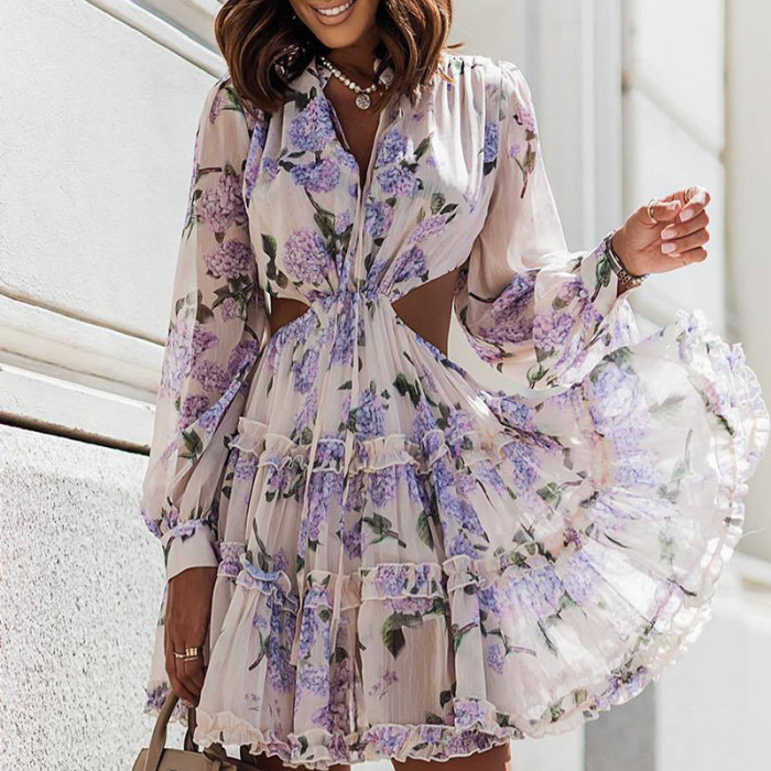 Elegant Print Chic Hollow Backless Lace V Neck Sweet Mini Dress