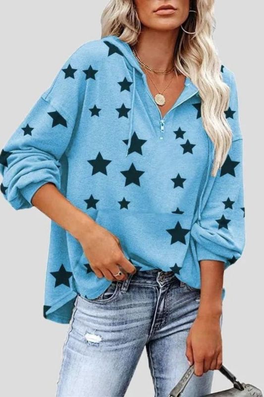 Women's Hoodies Zip Star Print Pocket Long-Sleeve Hoody