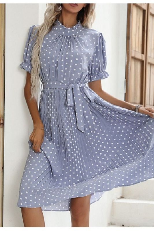 Casual Pleated Chic Elegant Fashion Lace Up Polka Dot Bell Sleeve Midi Dress