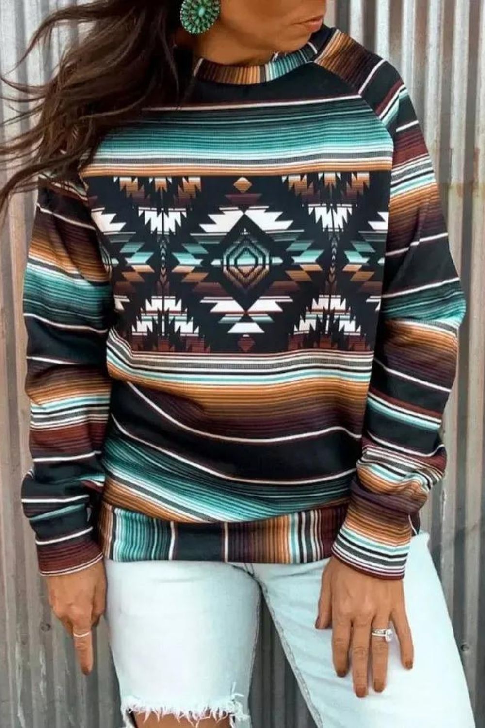 Women's Vintage Aztec Print Henley Neck Sweater Top main image 0