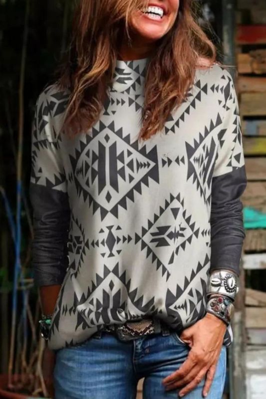 Women's Western Grey Aztec Area Printed Long Sleeve Crew Neck Sweatshirt