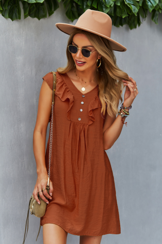 Solid Round Neck Design With Ruffled Sleeves Casual Mini Dress