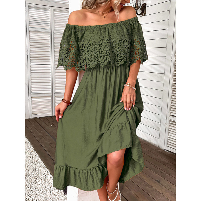 Casual Lace Off-the-shoulder Paneled Temperament Dress