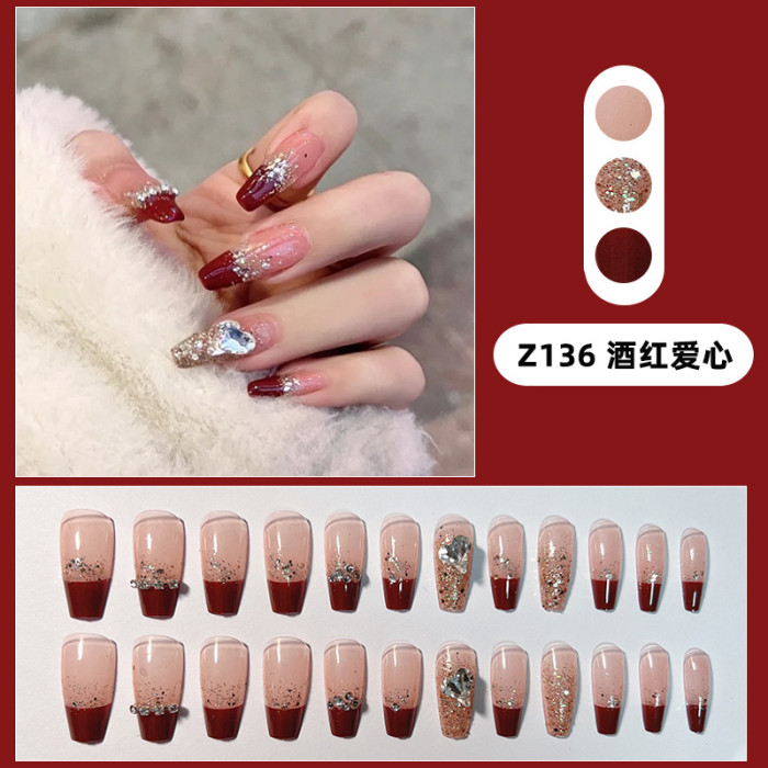 Fashion French Wine Red Heart Detachable Nail