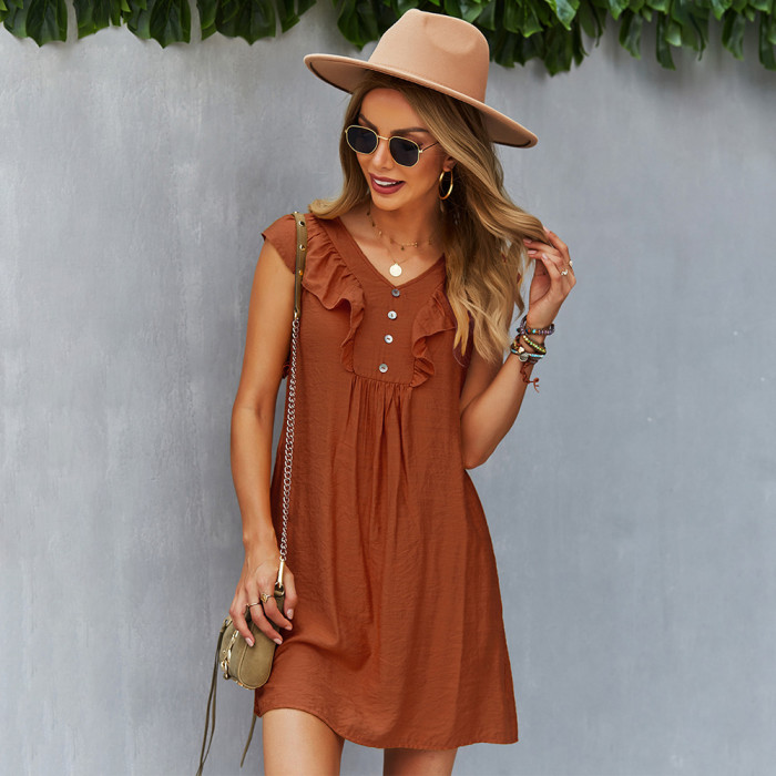 Solid Round Neck Design With Ruffled Sleeves Casual Mini Dress