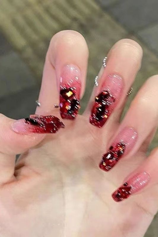 Trendy Red Gradient Glitter Powder Wearable Nail Art with Aurora Brilliant Diamond