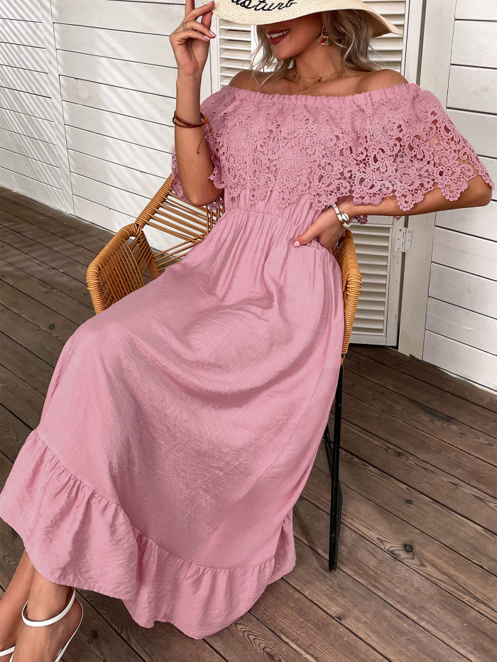 Casual Lace Off-the-shoulder Paneled Temperament Dress