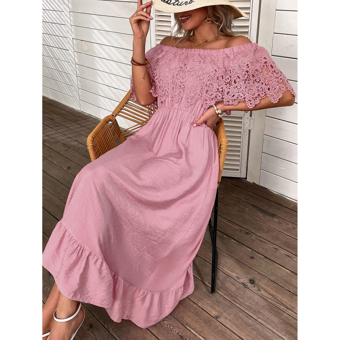 Casual Lace Off-the-shoulder Paneled Temperament Dress