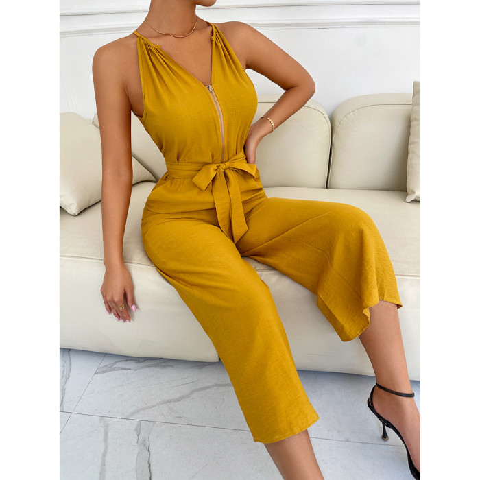 Spring Summer V-neck Sexy Lace-up Solid Temperament Jumpsuit