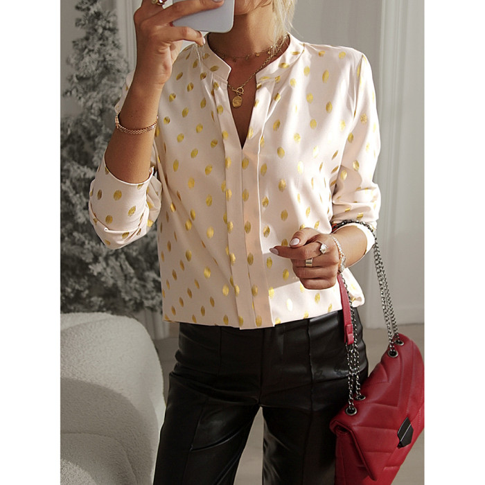 Spring/summer Sexy Small Stand up Collar Deep V Foil Long Sleeve Polyester Shirt