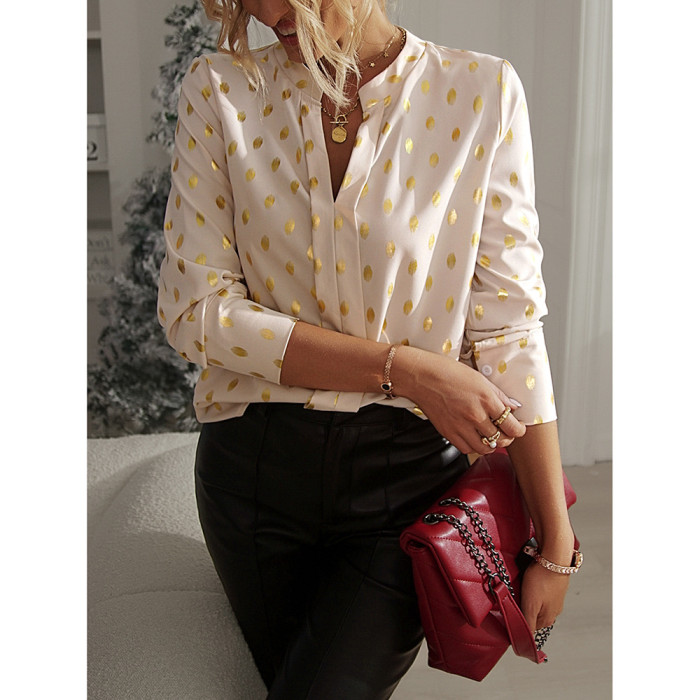 Spring/summer Sexy Small Stand up Collar Deep V Foil Long Sleeve Polyester Shirt
