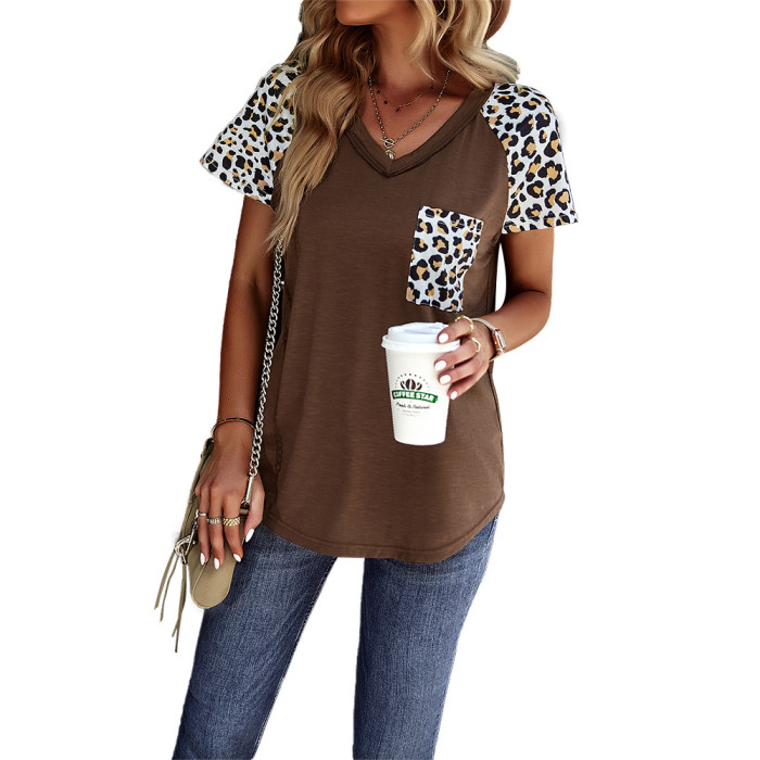 V-neck Pullover Leopard Print Paneled Top T-shirt