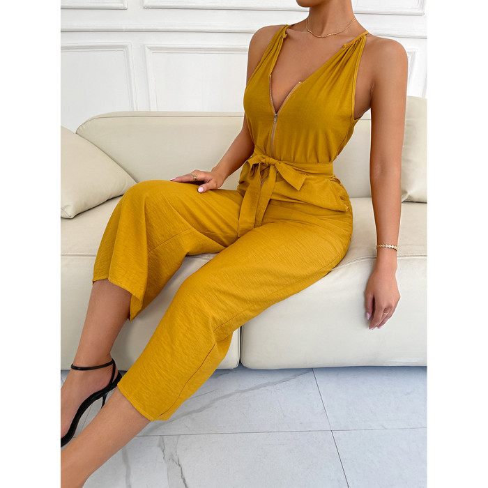 Spring Summer V-neck Sexy Lace-up Solid Temperament Jumpsuit