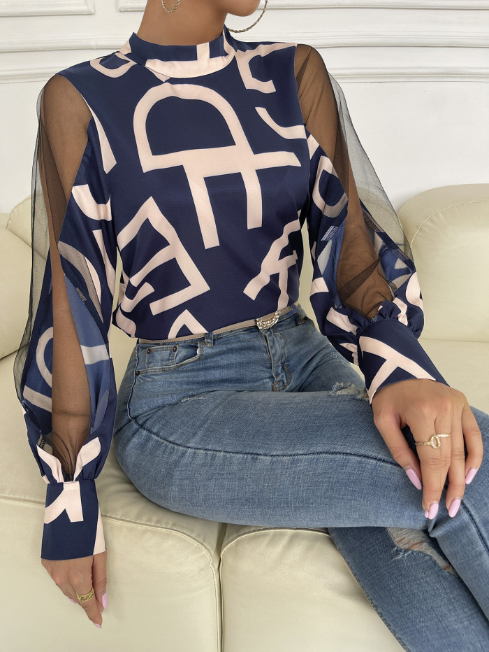 Geometric Print Paneled Mesh Crewneck Pullover Top