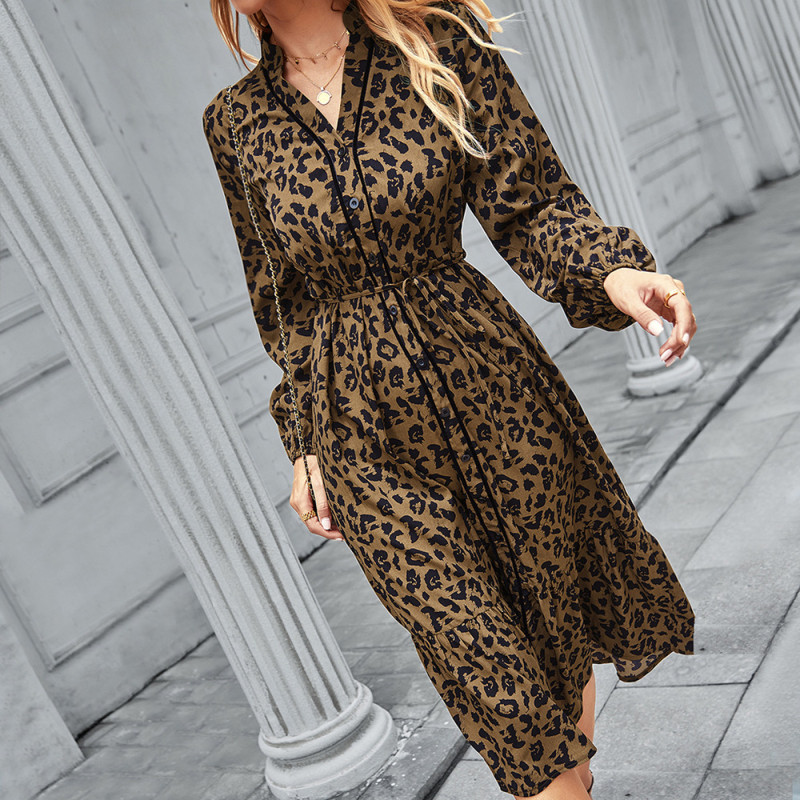 Spring/summer Sexy V-neck Waist Leopard Print Long-sleeved Dress