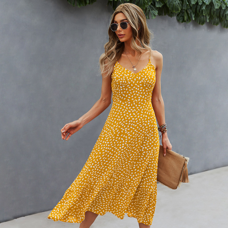 Spring/summer Sexy V-neck Print Slip Casual Midi Dress