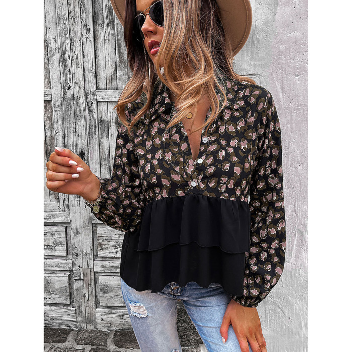 Spring/summer Print Panels Solid V-neck Casual Top