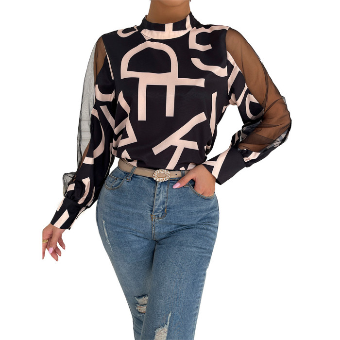 Geometric Print Paneled Mesh Crewneck Pullover Top