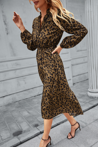 Spring/summer Sexy V-neck Waist Leopard Print Long-sleeved Dress