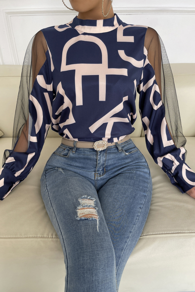 Geometric Print Paneled Mesh Crewneck Pullover Top