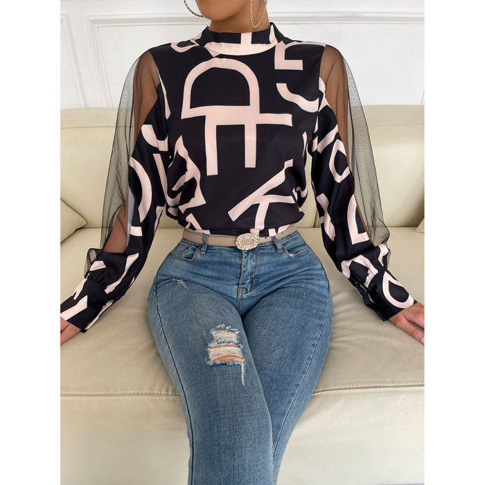 Geometric Print Paneled Mesh Crewneck Pullover Top