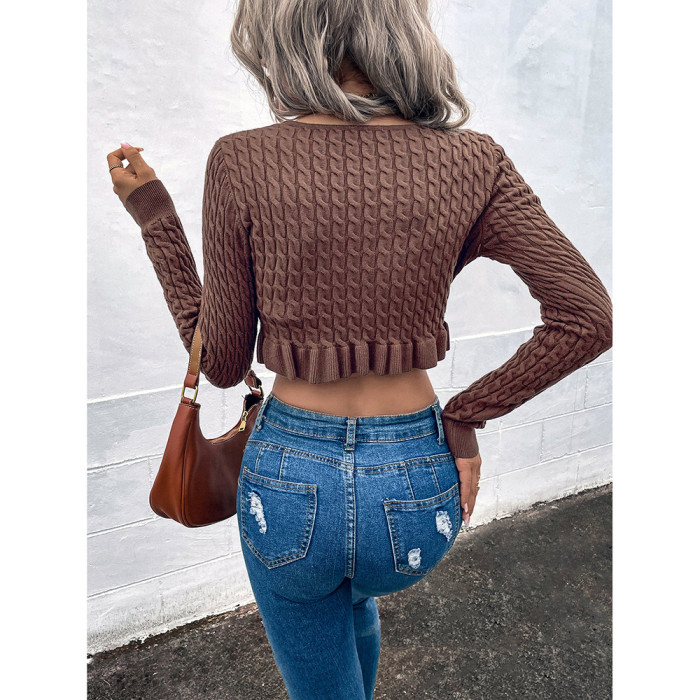 Spring/summer Long-sleeved French U-neck Cropped Knitted Top