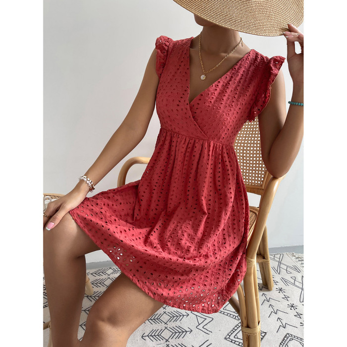 Spring and Summer Embroidered Openwork V-neck Sleeveless Casual Holiday Dress