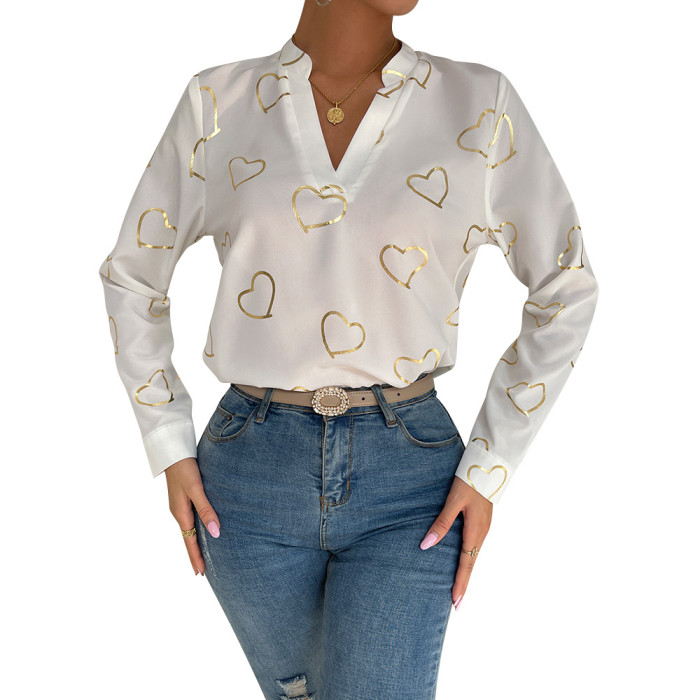Spring/summer V-neck Love Print Casual Top Shirts