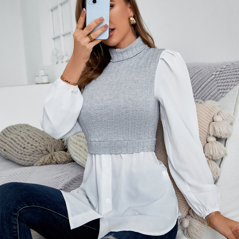 Spring/summer Turtleneck Knitted Panels Casual Top
