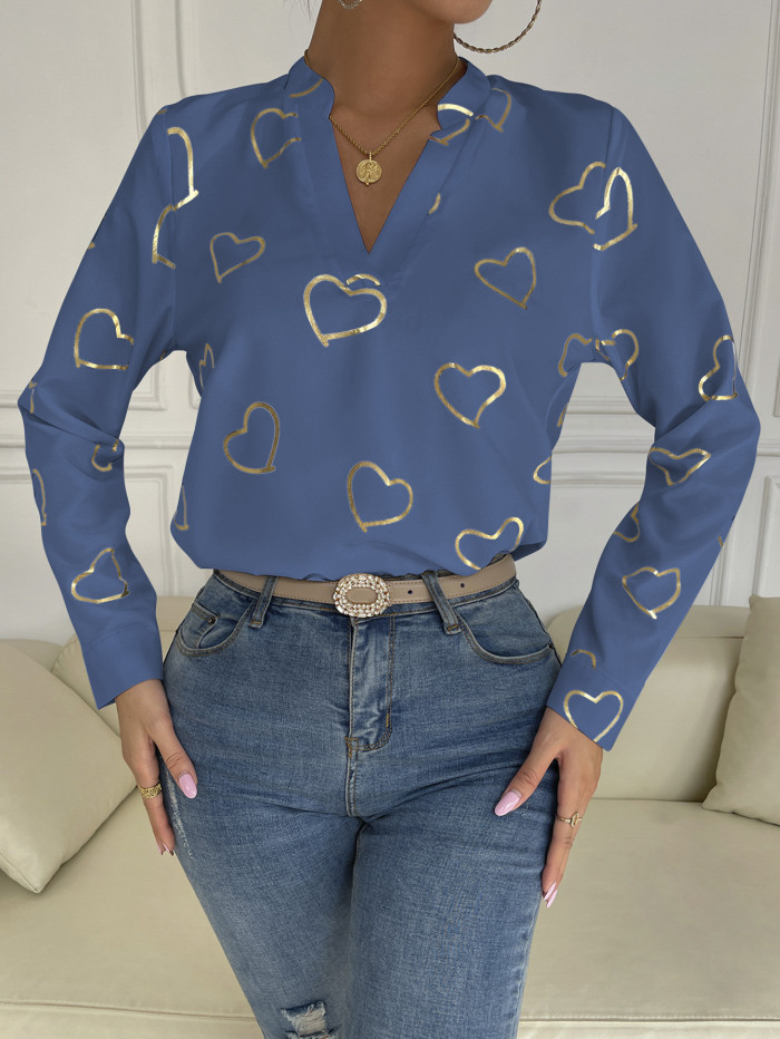 Spring/summer V-neck Love Print Casual Top Shirts
