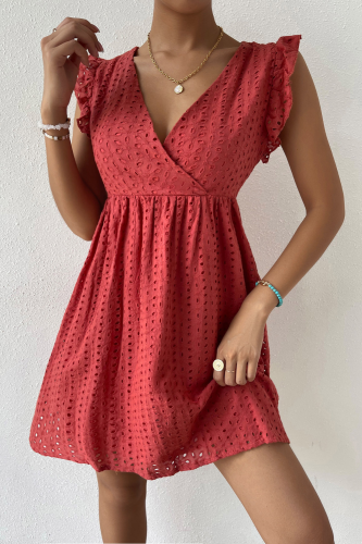 Spring and Summer Embroidered Openwork V-neck Sleeveless Casual Holiday Dress