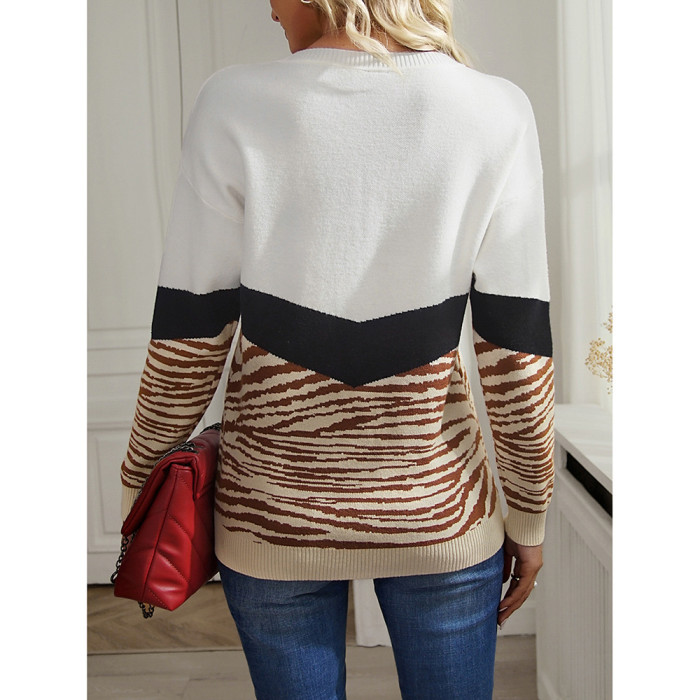 New Crewneck Paneled Leopard Print Sweater