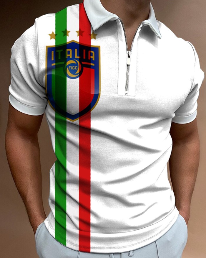 Men's Casual 3D Printing Lapel Short Sleeve Zipper Polo T-Shirt Top