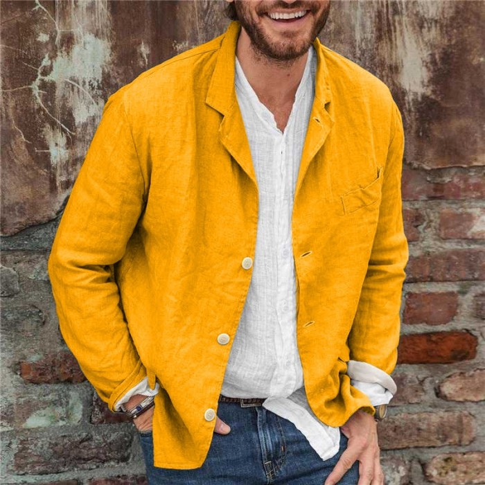 Men's Cotton Linen Casual Solid Color Thin Long Sleeve Lapel Jacket