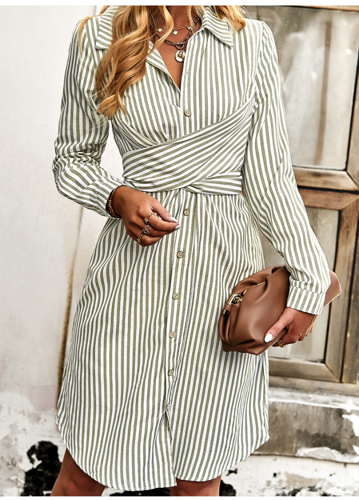 Long Sleeve Shirt Fashion Stripe Elegant Lapel Slim Fit Casual Dress