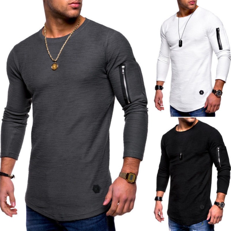 Men's Fashion Casual Long Sleeve Stitching O-Neck Top Solid Color T-Shirt
