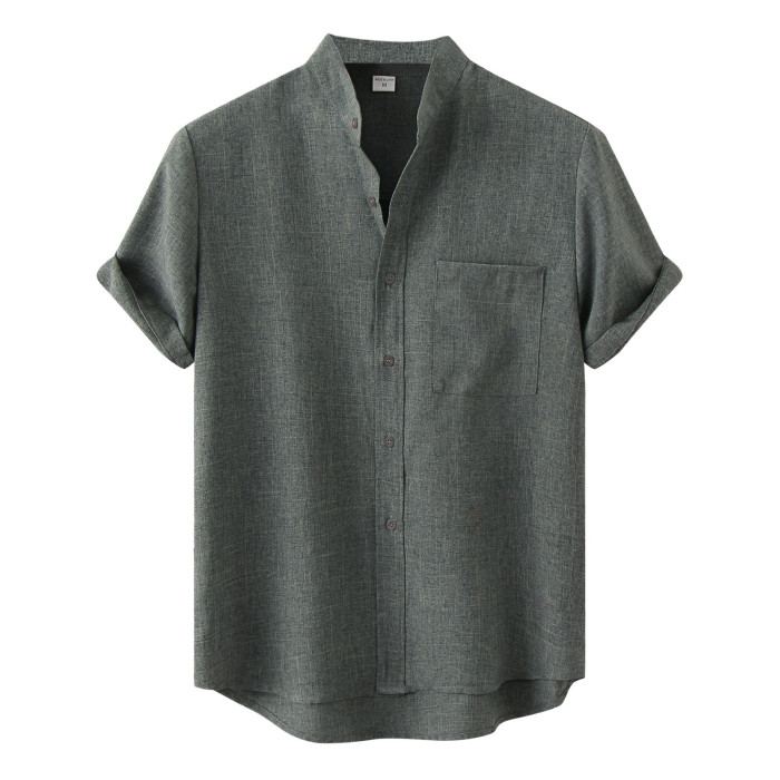 Men's Short Sleeve Breathable Cotton Linen Shirt Solid Color Stand Collar Loose Top Shirt