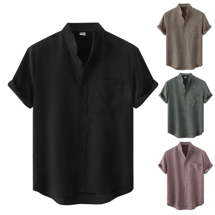 Men's Short Sleeve Breathable Cotton Linen Shirt Solid Color Stand Collar Loose Top Shirt