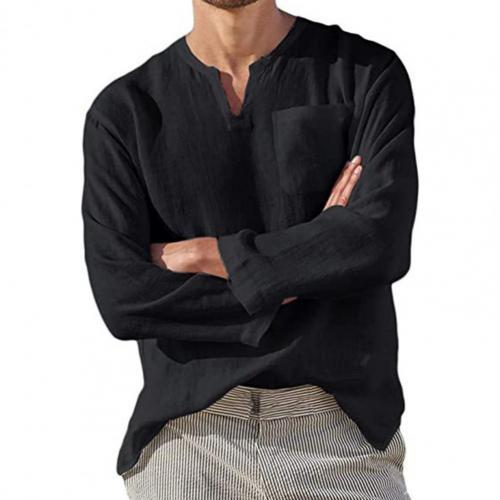 Men's T-Shirt Fashion Solid Color V Neck Pocket Long Sleeve Shirt