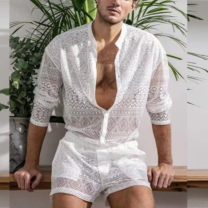 Men's Sexy See-Through Lace Beach Fashion Plain Printed Long Sleeves   Two Piece Set