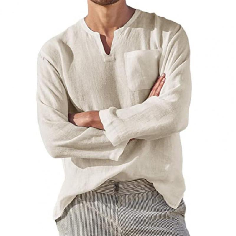 Men's T-Shirt Fashion Solid Color V Neck Pocket Long Sleeve Shirt