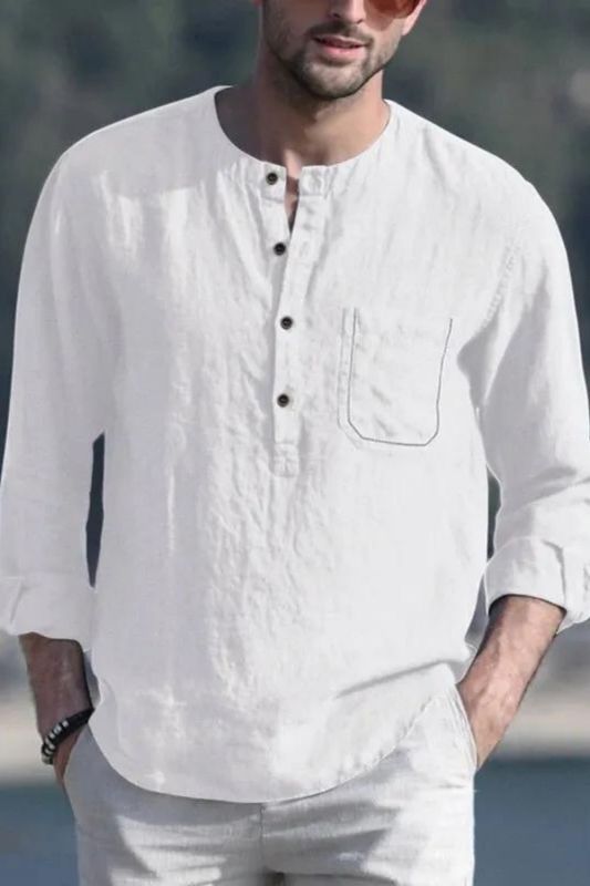 Cotton Linen Men's Shirts Henley Collar Long Sleeve Pocket Button Pullover Top