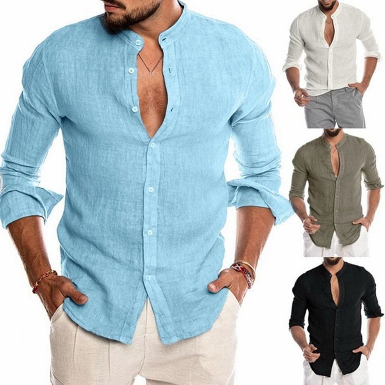 Men's Pure Cotton Linen Solid Color Long Sleeve Cardigan Casual Loose Shirt