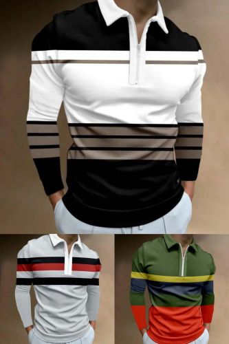 Men's Fashion Casual Long Sleeve Polo Stripe Tee Tops