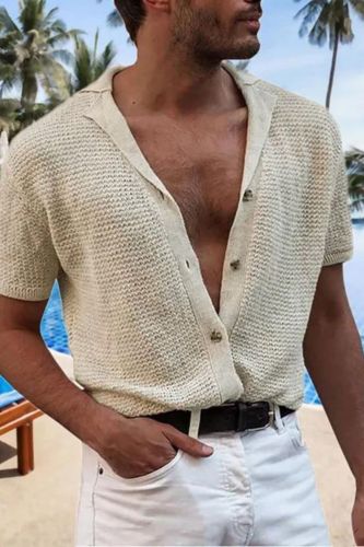 Men's Plain Knit Cardigan Lapel Polo Sexy V Neck Blouse & Shirts