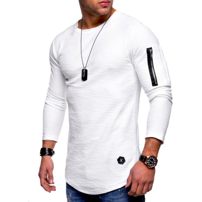 Men's Fashion Casual Long Sleeve Stitching O-Neck Top Solid Color T-Shirt